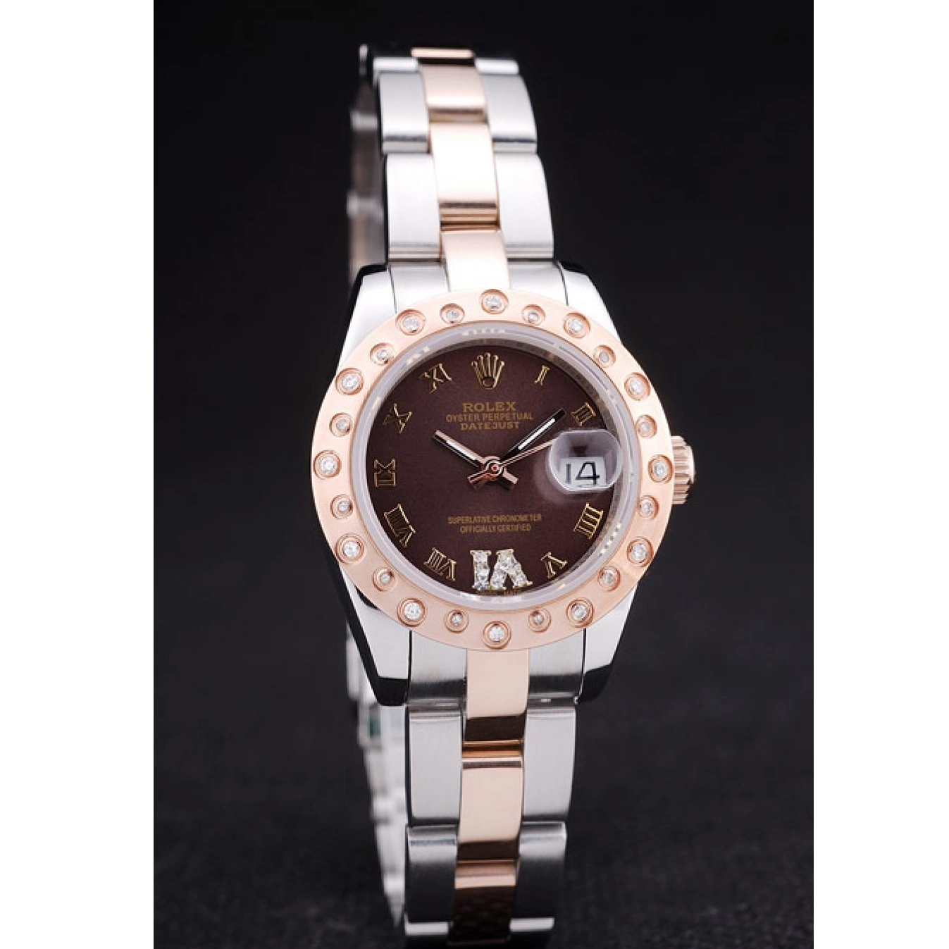 Aaa replica watch Gold Polished Brown Rose Diamonds Dial Rolex Bezel Datejust 7475 0707